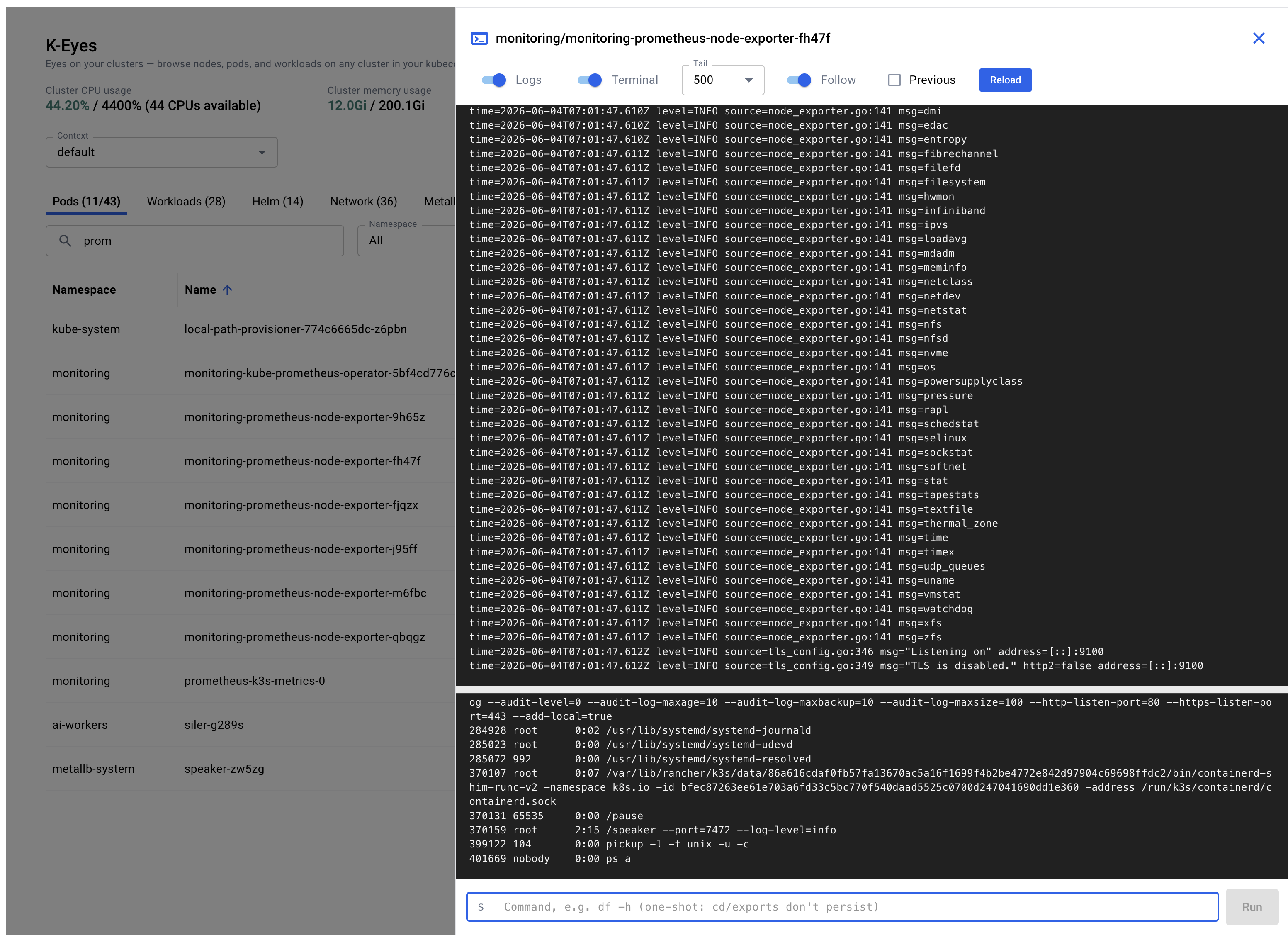 Pod console — logs and terminal